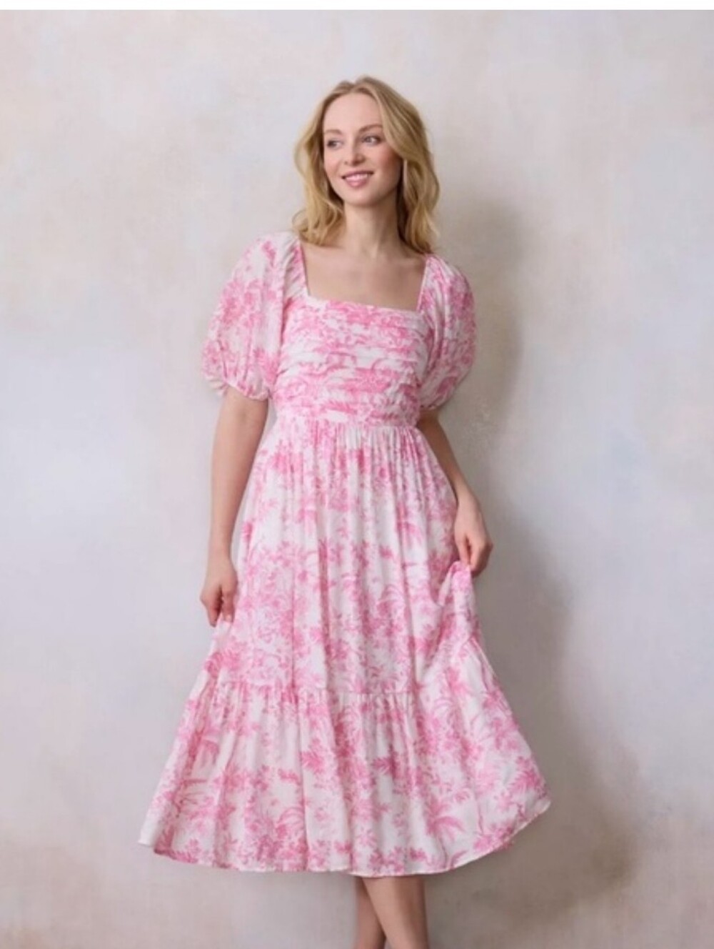 LC Lauren Conrad Coral Pink Printed Tiered Midi Dress with Puff Sleeves